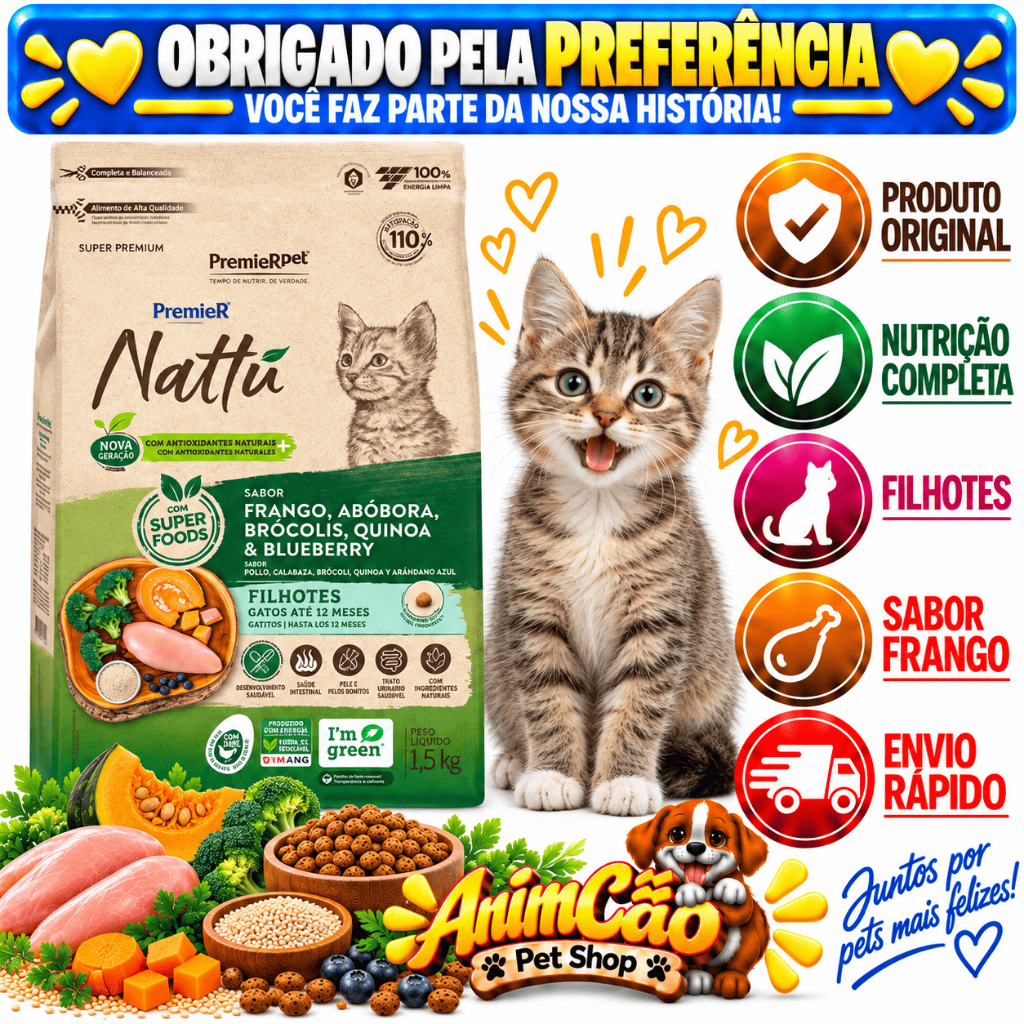 Ração Premier Nattu Gato Filhote Sabor Frango, Abóbora, Brócolis, Quinoa e Blueberry 1,5 kg