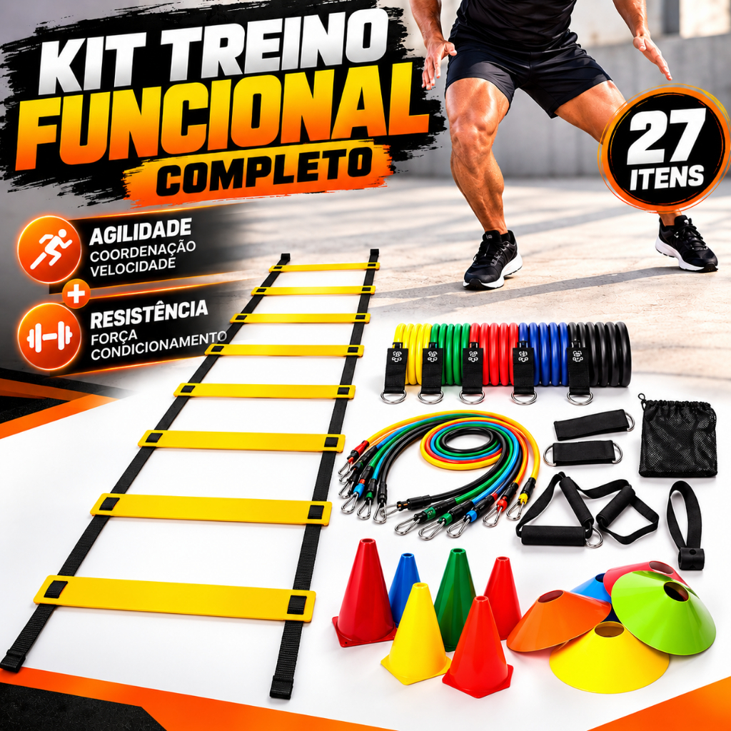 Kit Treino Funcional Agilidade Escada 5 Cones 5 Chapéus + 11 Elásticos Extensores