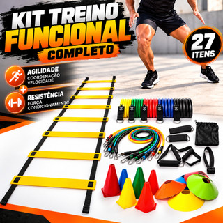 Kit Treino Funcional Agilidade Escada 5 Cones 5 Chapéus + 11 Elásticos Extensores