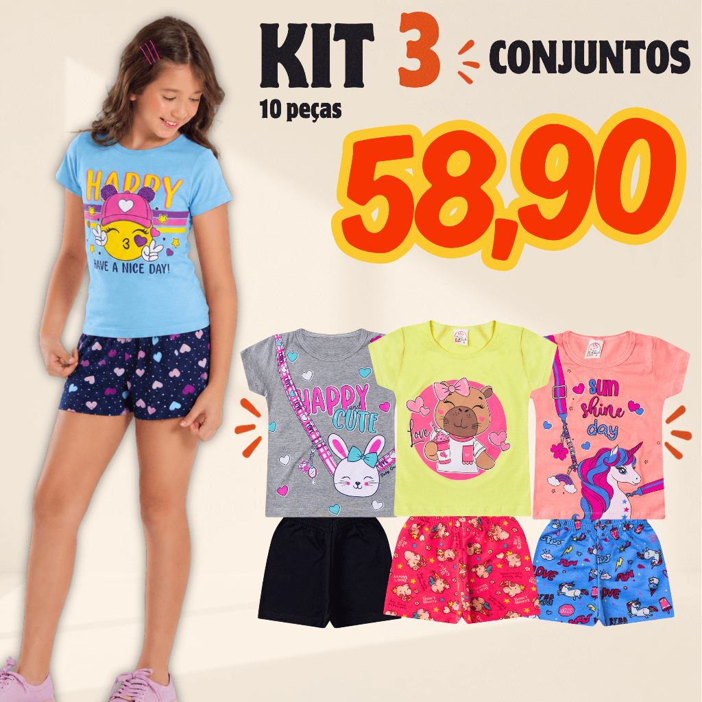 Kit 3 Conjuntos Infantil Feminino Verão 100% Algodão com 3 Blusas + 3 Shorts Menina Tamanhos 1 ao 14