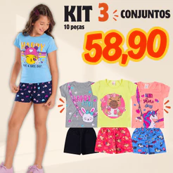 Kit 3 Conjuntos Infantil Feminino Verão 100% Algodão com 3 Blusas + 3 Shorts Menina Tamanhos 1 ao 14