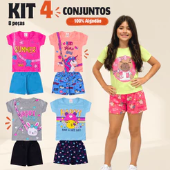 Kit 4 Conjuntos Roupa Infantil e Juvenil Menina Verão 4 Blusas + 4 Shorts Feminino Sortido 1 ao 14