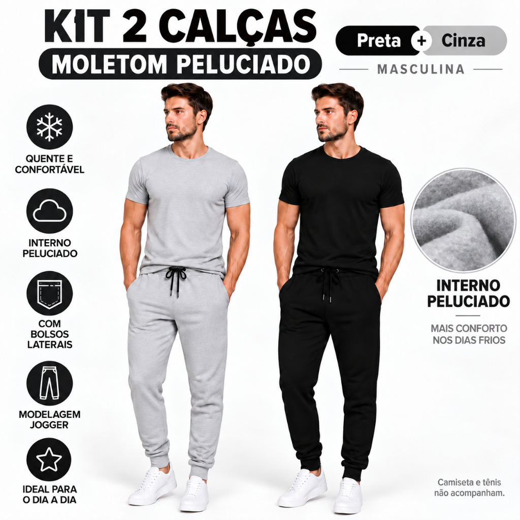Kit 2 Calças Moletom  flanelado Inverno Frio Peluciada Quentinha Confortável com Cordão e bolso