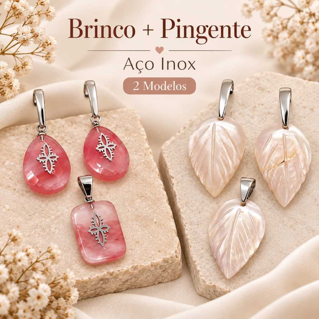 Conjunto Brinco e Pingente Aço Inox Feminino Rosa ou Folha madreperola Acessório Feminino Presente