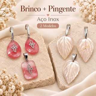 Conjunto Brinco e Pingente Aço Inox Feminino Rosa ou Folha madreperola Acessório Feminino Presente