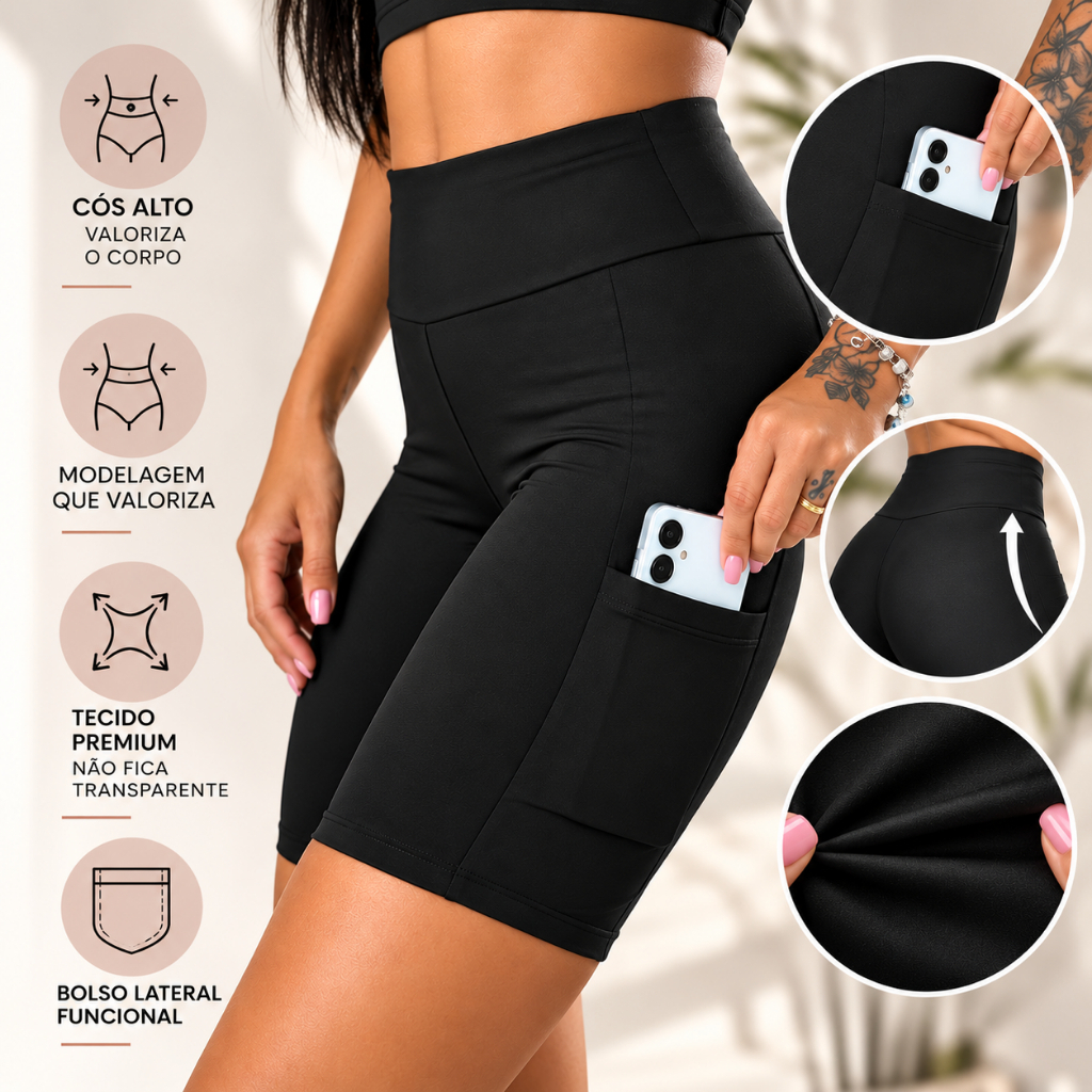 Bermuda Fitness Feminina Cós Alto com Bolso Lateral Modeladora Tecido Premium