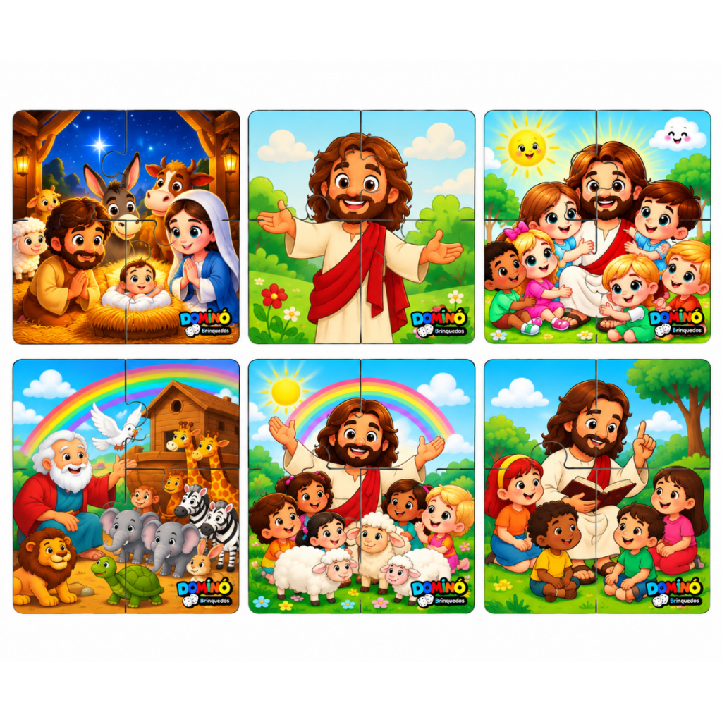 Kit 6 Quebra-cabeça Infantil Biblico 4 Peças Feito em Madeira