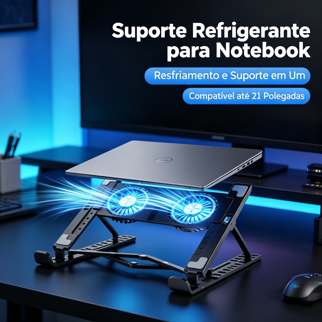 Cooler para Notebook 2 Fans USB Suporte Dobrável Ergonômico Ajustável Resfriamento Potente
