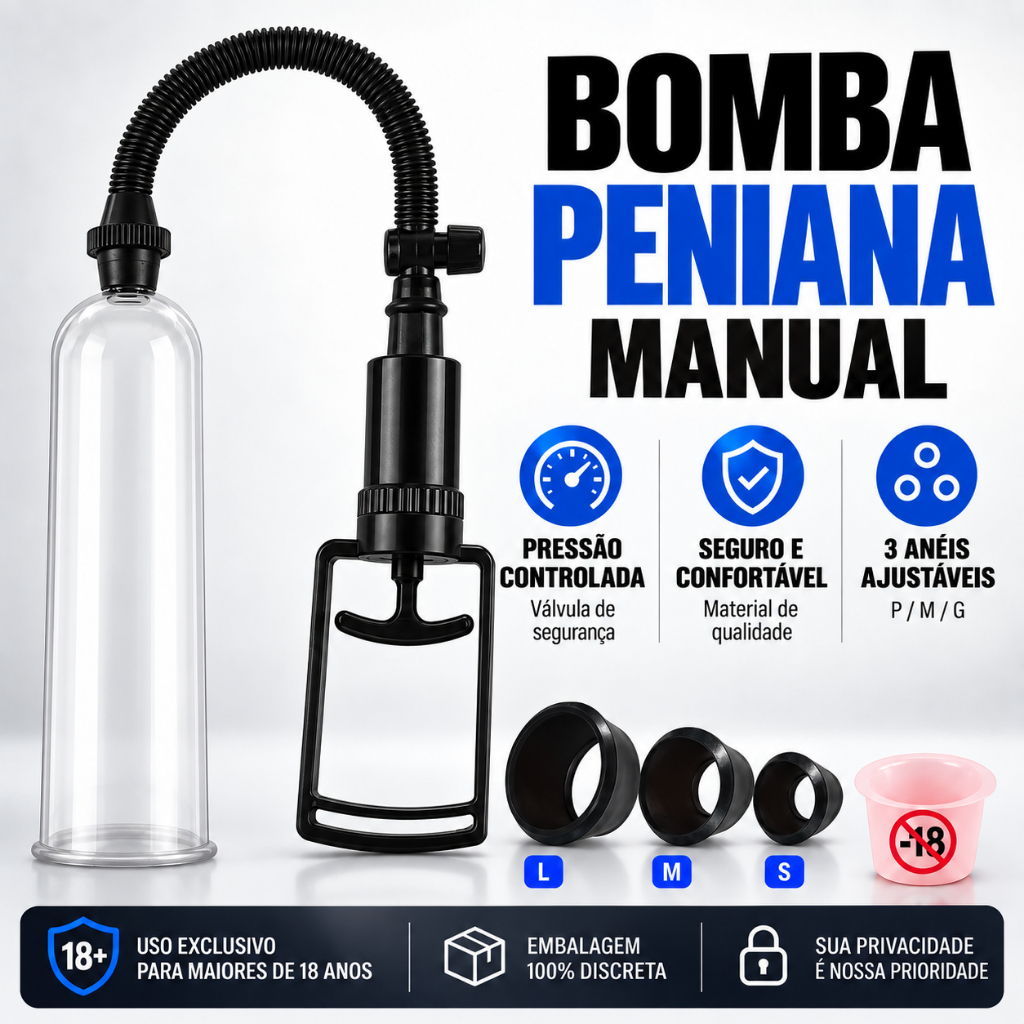 Bomba Peniana Manual Masculina Pump Alongador com 3 Anéis P M G Controle de Pressão
