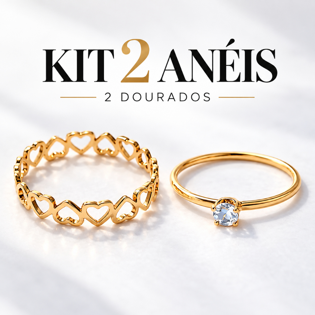 Kit 2 Anéis Femininos Dourados Aço Inox 316L Coração e Solitário Antialérgicos Luxo