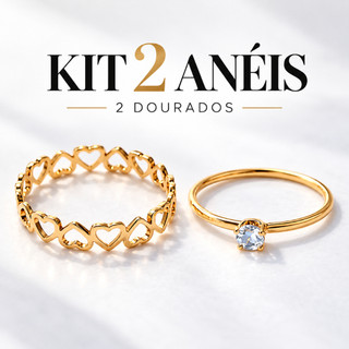 Kit 2 Anéis Femininos Dourados Aço Inox 316L Coração e Solitário Antialérgicos Luxo
