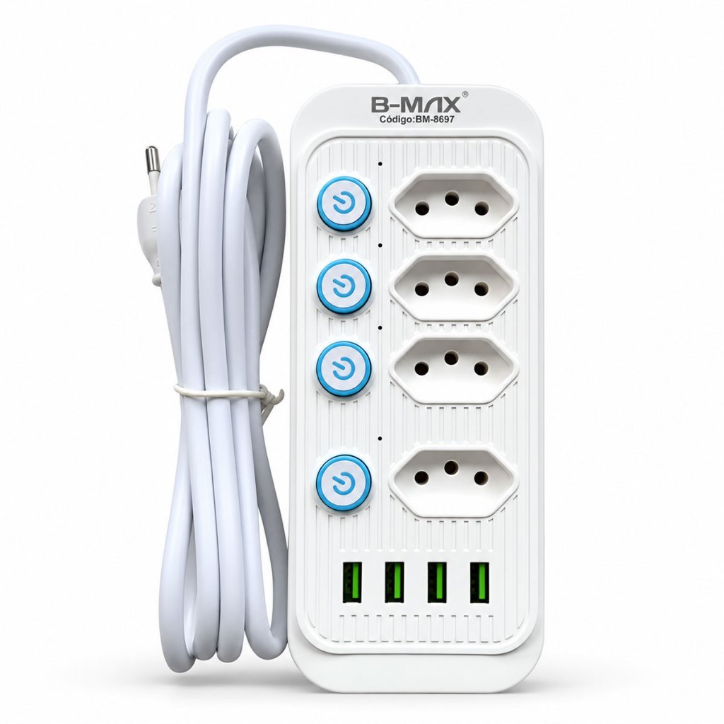 Extensão Elétrica Filtro de Linha 4 Tomadas 4 USB Bivolt com Botões Individuais e Cabo de 2 Metros