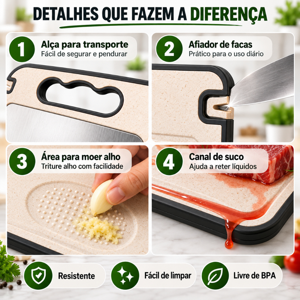 Tábua de Corte Inox Dupla Face 5 em 1 com Afiador e Ralador de Alho 36,5x25cm · foto 2