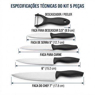 Kit Jogo De Facas Inox Cozinha 5 Peças Com Descascador Faca Do Chef 7" Faca De Serra Faca De Carne E Legumes Aço Inoxidá