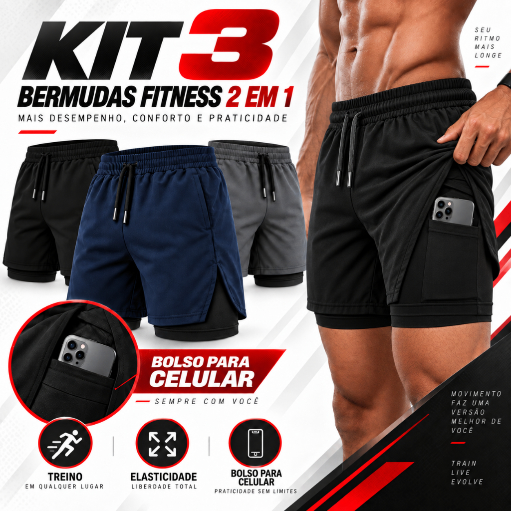 Kit 3 Shorts Masculino Academia 2 em 1 com Bermuda Interna Compressão e Bolso Celular