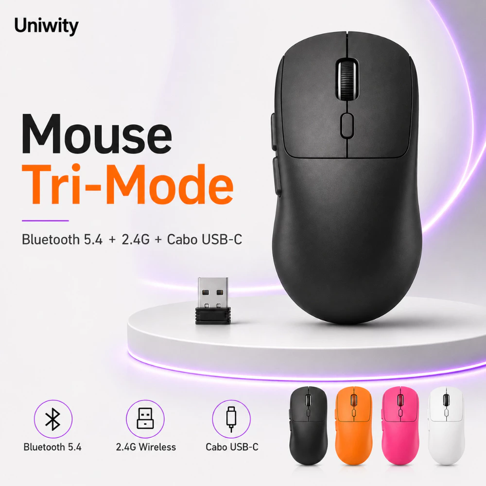 Uniwity Mouse Gamer Sem Fio Tri-Mode Bluetooth 5.4 2.4G USB-C 6400 DPI Recarregável para PC Notebook