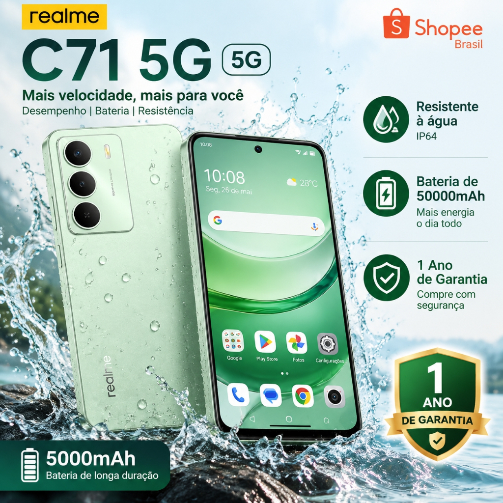 realme C71 5G 8+256GB Smartphone Celular Versão Global Bateria 5000mAh Câmera 50MP NFCTela 6,67 120Hz Preto