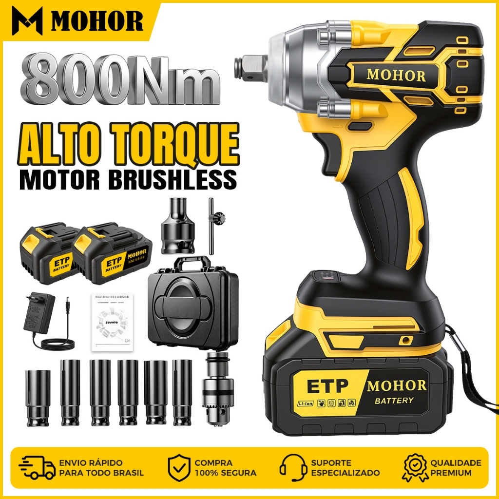 MOHOR Parafusadeira de Impacto 48V com 2 Baterias 800Nm Maleta Plástica Ferramenta Elétrica Profissional