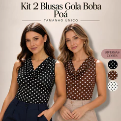 Kit 2 Blusas Femininas Gola Boba Poá Sem Manga Tamanho Único