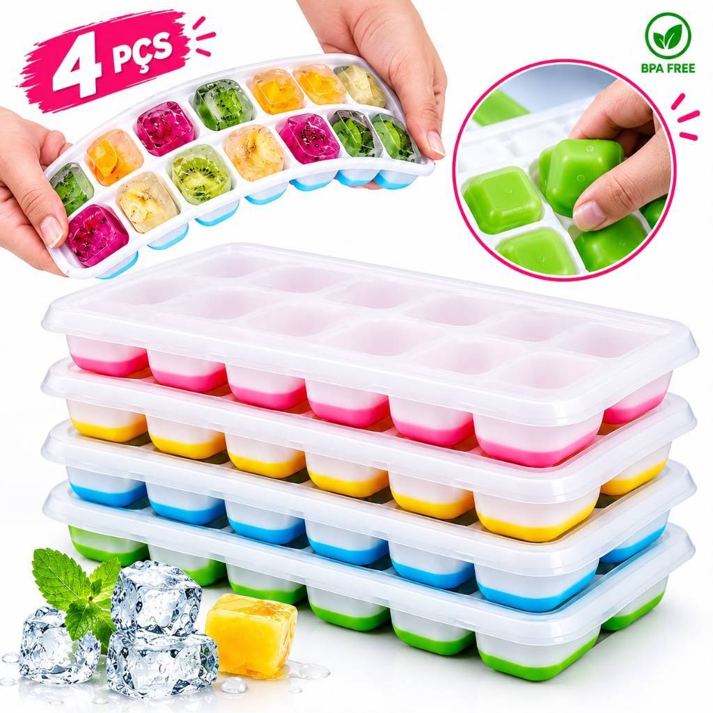 Formas De Gelo Fundo Silicone 14 Cubos Tampa Rígida Multicolor Congelar Papinha Bebê Alimentos Caldos Drinks