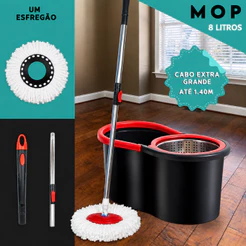 Mop Giratório Com Balde 8L e Centrífuga Cesto Plástico ou Inox Cabo Longo 120 cm Limpeza Fácil