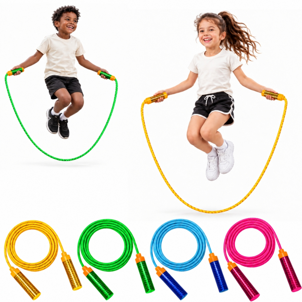 Corda De Pular Brinquedo Divertido Infantil 2,27cm Colorida Metálica Rosa Azul Castela