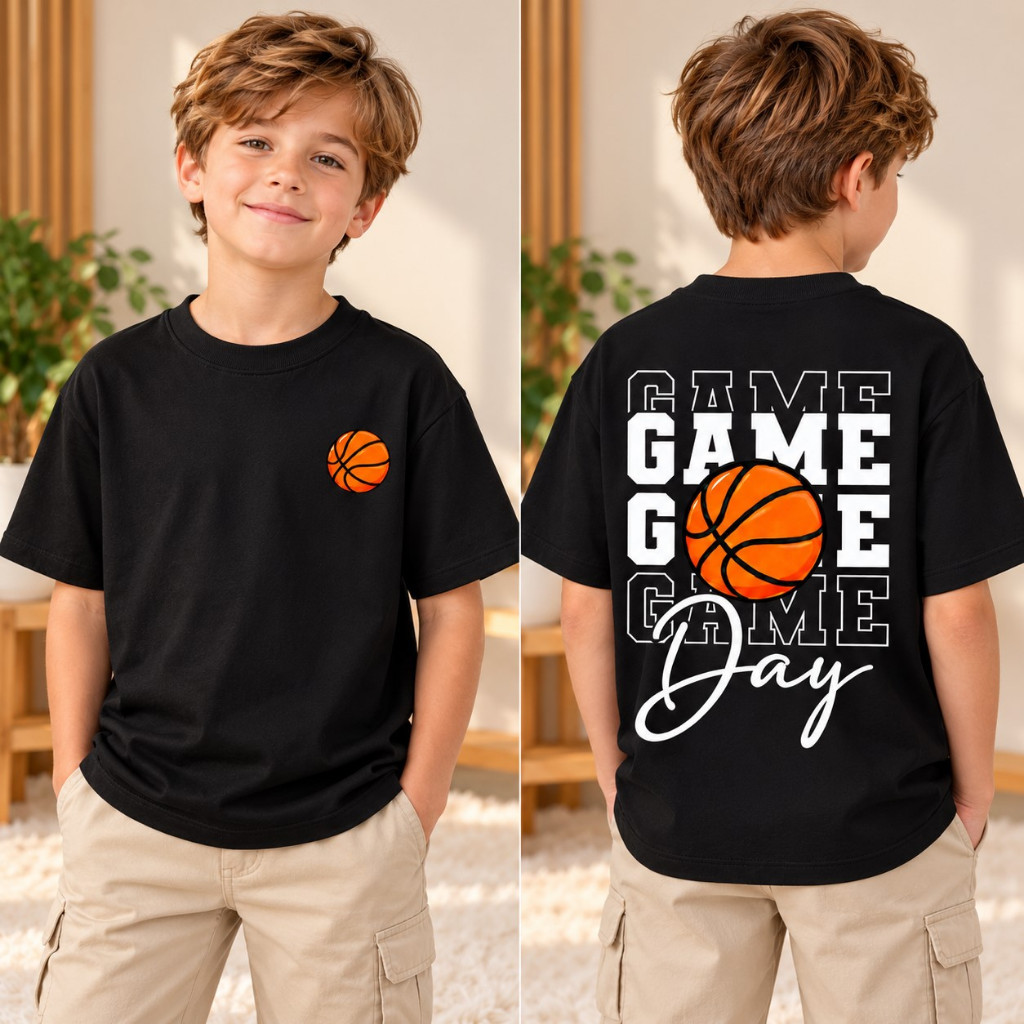 Camiseta Masculina Infantil Algodão Manga Curta Streetwear Estampada Basquete Game Day Estampa Bola Basketball