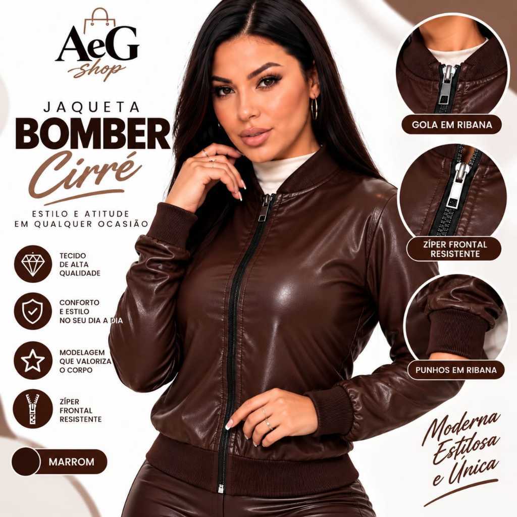 Jaqueta Bomber Feminina Cirrê Couro Fake Marrom Com Zíper Manga Longa
