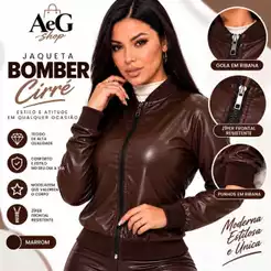Jaqueta Bomber Feminina Cirrê Couro Fake Marrom Com Zíper Manga Longa