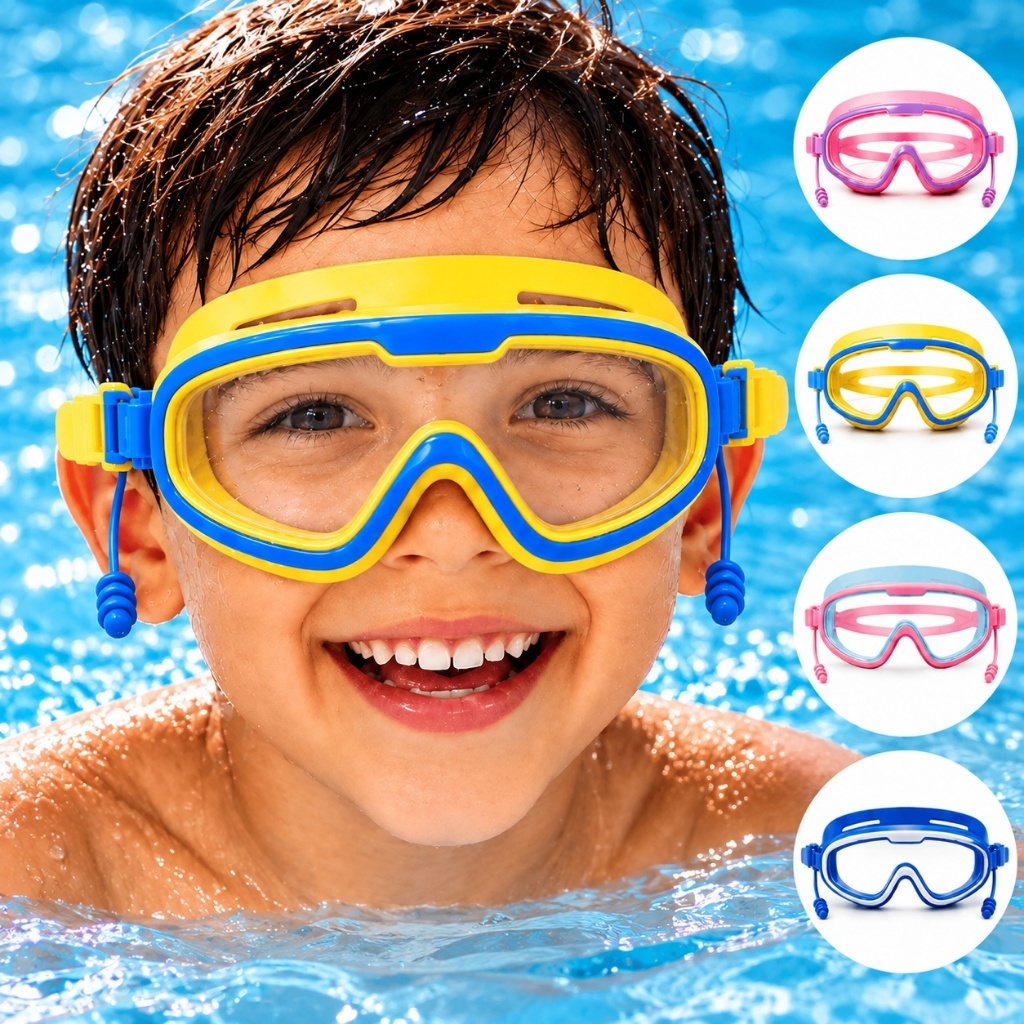 Óculos Natação Infantil Antiembaçante Prova D'agua Protetor Orelha Silicone Ajustável Crianças Meninos Meninas Piscina