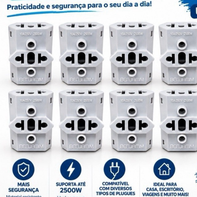 Kit com 10 Adaptadores de Tomada –  beijamin 10A/250V – reforma - obra construção adaptadores kit
