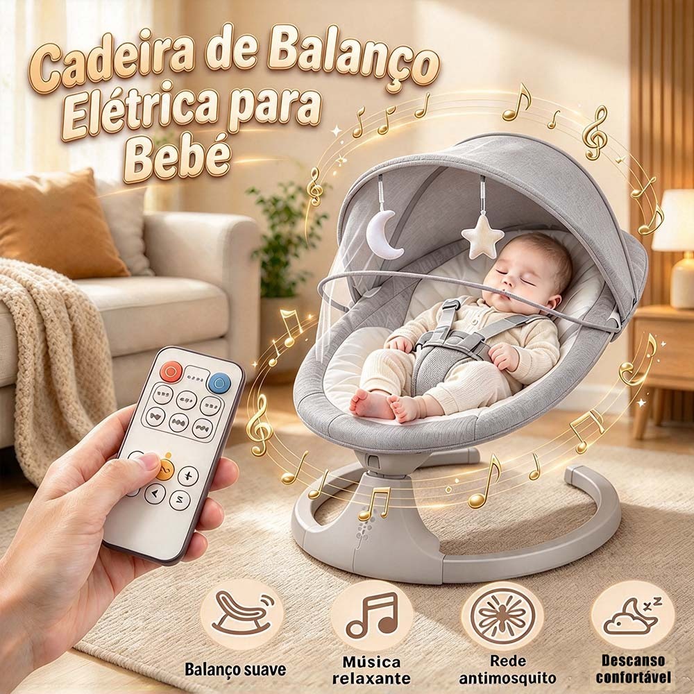 Cadeira de Balanço Elétrica para Bebê com Música, Mosquiteiro e Controle Remoto – Máquina de acalmar bebê！