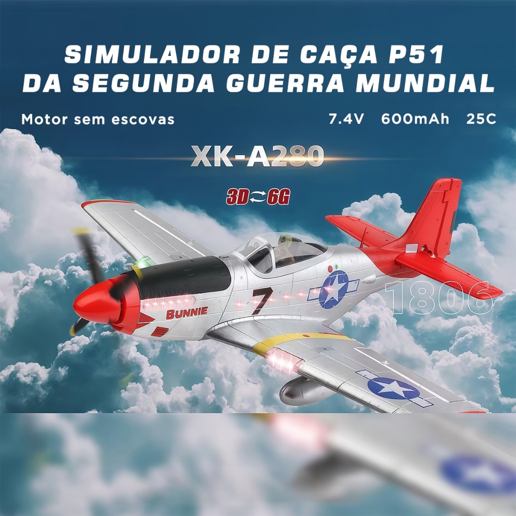 BRASOY Avião Controle Remoto XK-A280 P51 Mustang 3D/6G Motor Sem Escovas Aeromodelismo — imagem 2 de 2