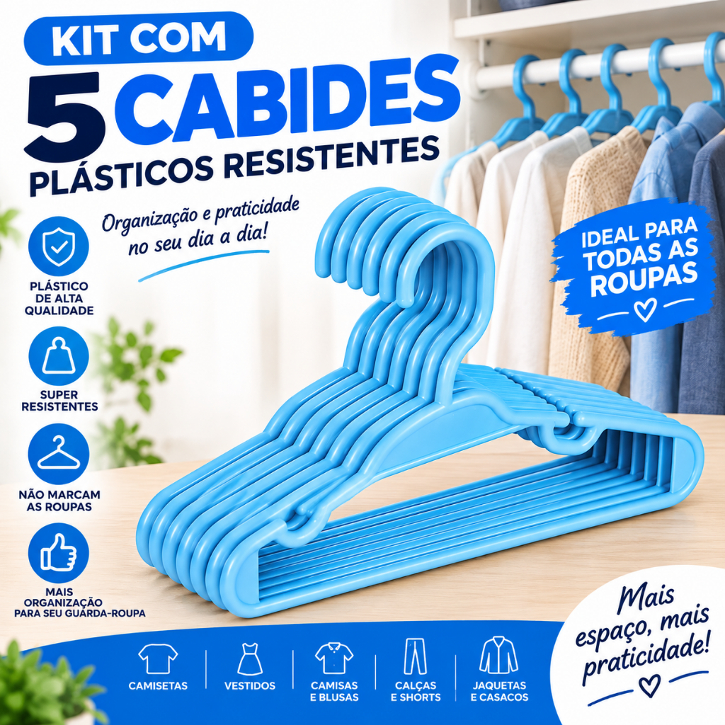 Kit 5 Cabides infantil Azul para Roupas e Organizador de Guarda-Roupa