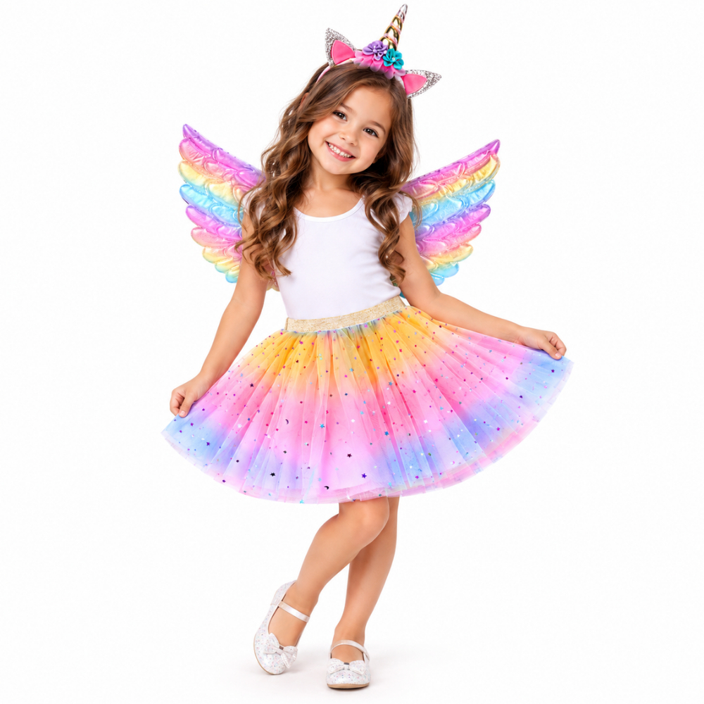 Fantasia Infantil Unicórnio Menina Kit Asa Saia Tule Tiara Carnaval Festa Princesa Dia das Crianças