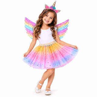 Fantasia Infantil Unicórnio Menina Kit Asa Saia Tule Tiara Carnaval Festa Princesa Dia das Crianças