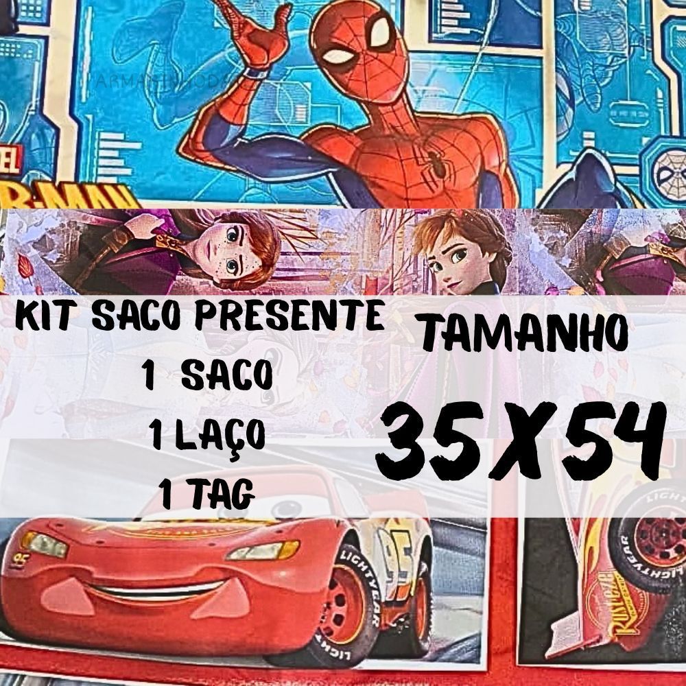 Kit Saco Presente Homem Aranha Carros Frozen 35x54cm 1 Saco + 1 Laço + 1 Tag DE/PARA