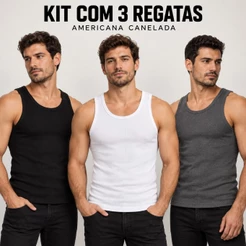Kit 3 Camisetas Regatas Masculina Americana Canelada Slim Fit Algodão com Elastano