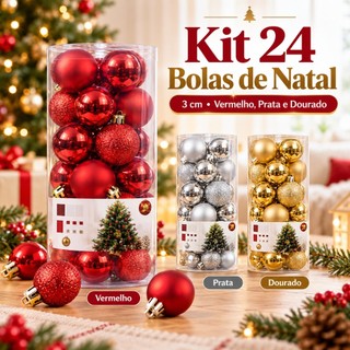 24 Bolas de Natal 3cm para Árvore Enfeites Natalinos Vermelho Prata Dourado Decoração Natalina