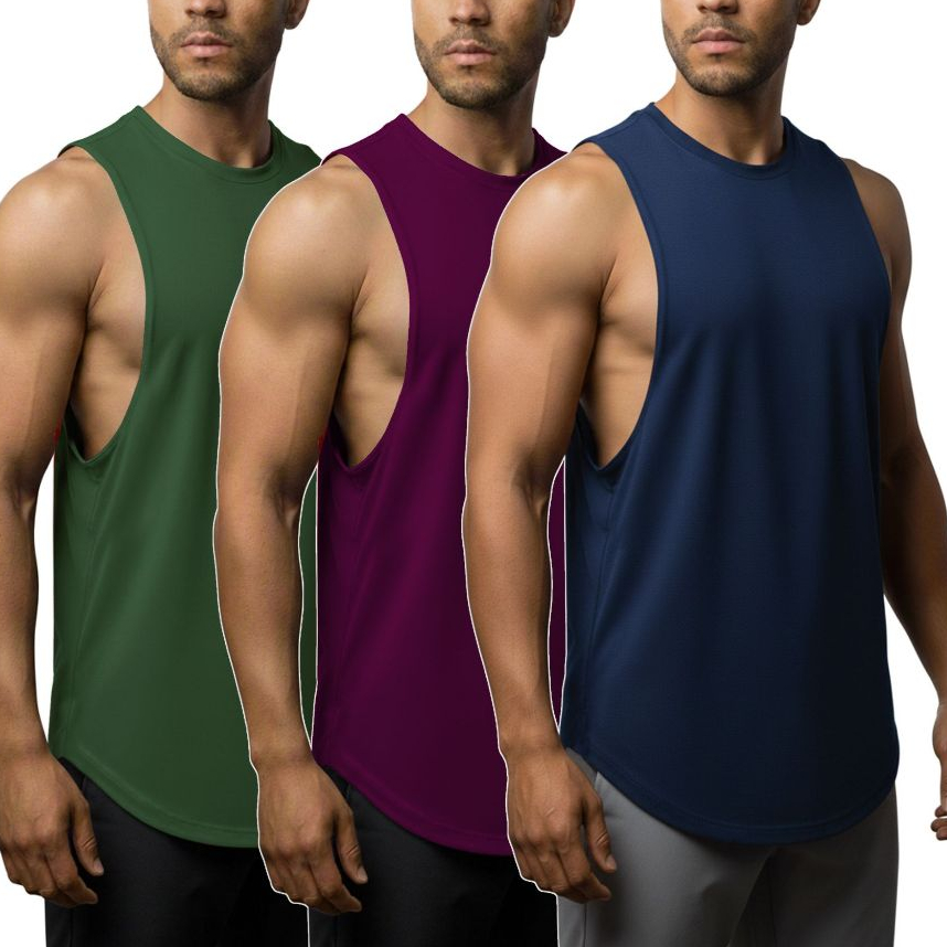 Kit 3 Regata Barra Redonda Longline Masculina, Seca Rápido, Não Deforma, Casual Treino Fitness Musculação