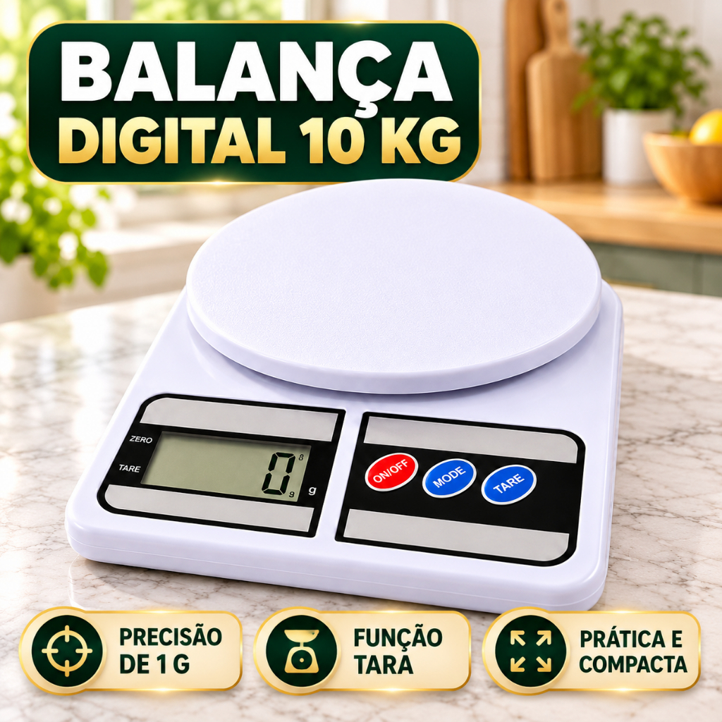 Balança Digital de Cozinha 10kg Portátil Precisão 1g Função Tara para Alimentos Dieta Confeitaria e Controle de Porções