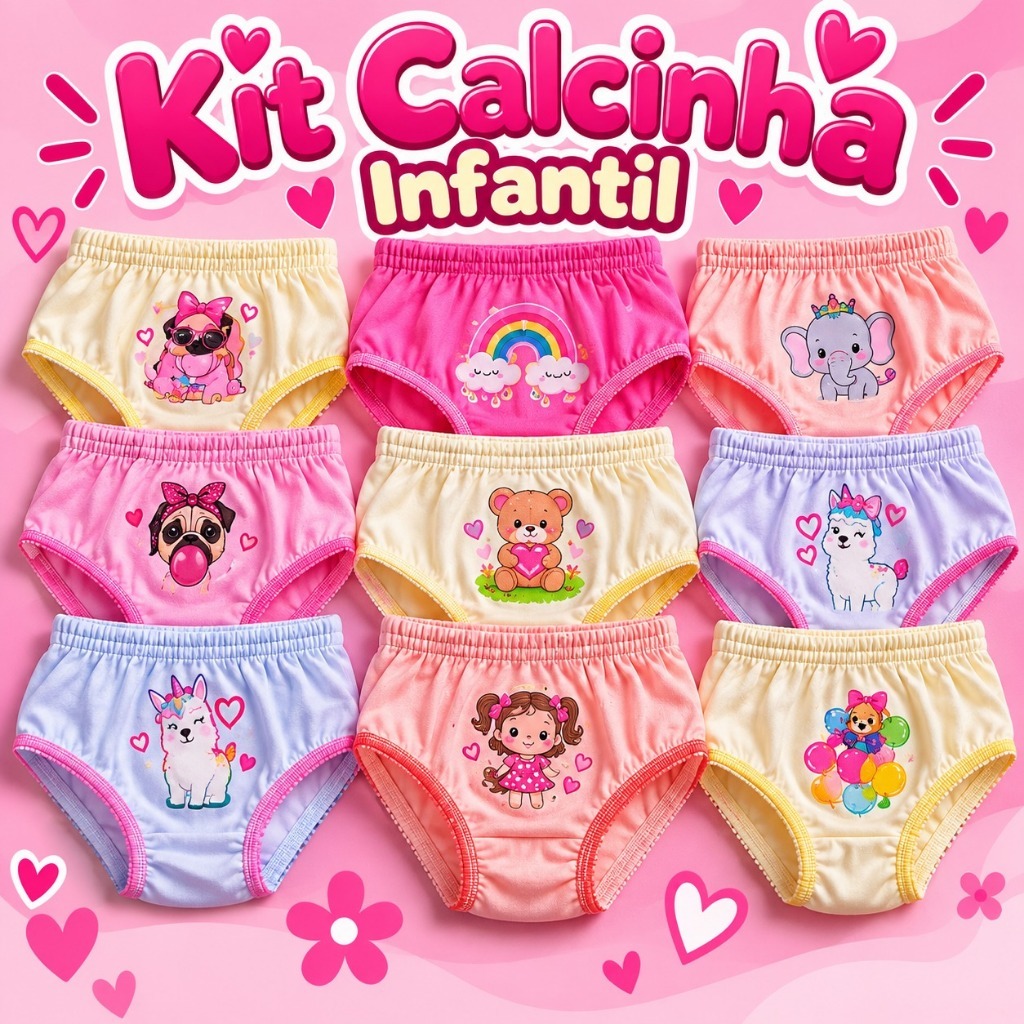 Kit Calcinha Infantil Estampas Variadas Menina 3/5 ou 10 Unidades Algodão Confortável P M G. Envio Imediato