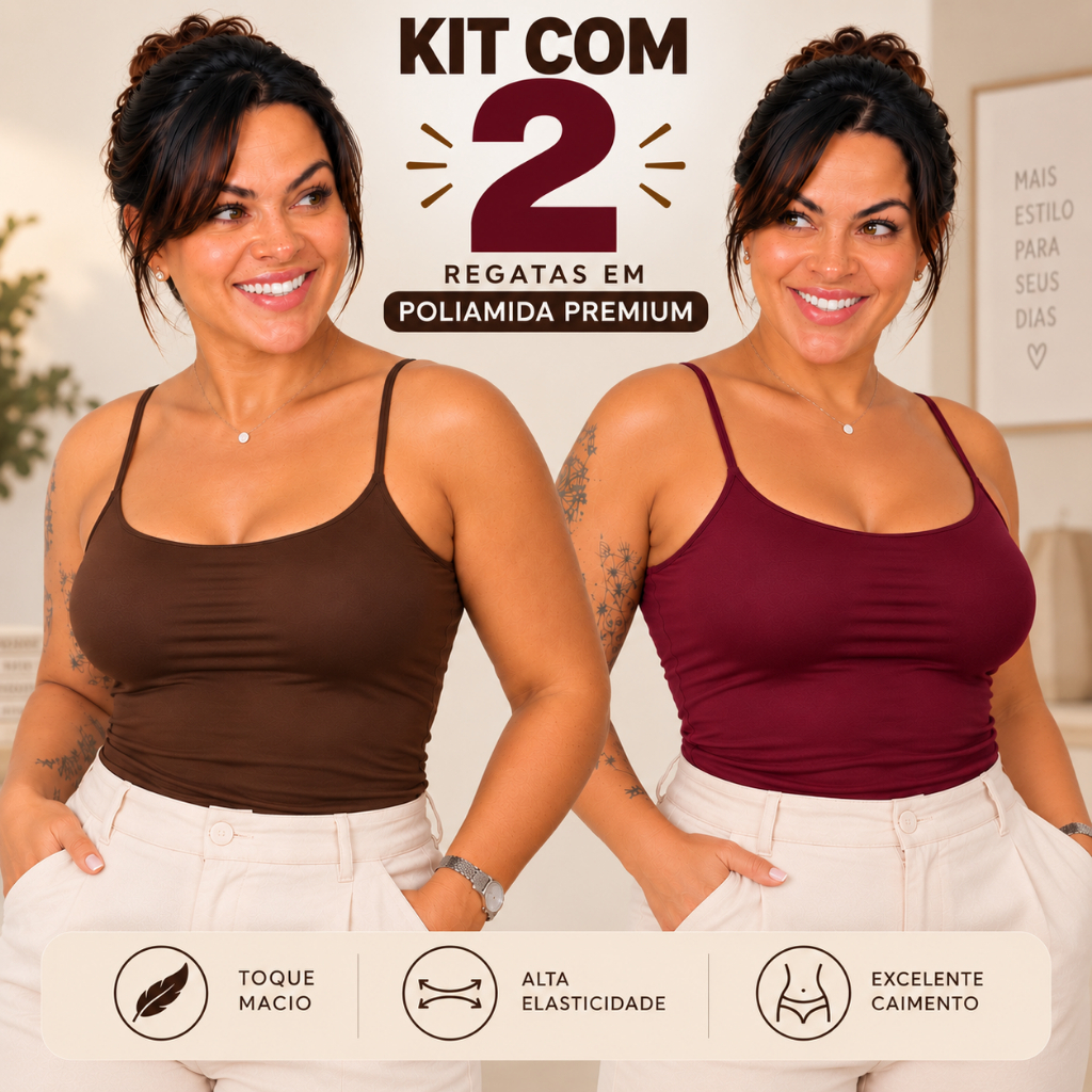 Kit 2 Blusas Regata Feminina Alça Fina Poliamida Com Elastano Premium Básica Confortavel Blusinha Tendencia 2026