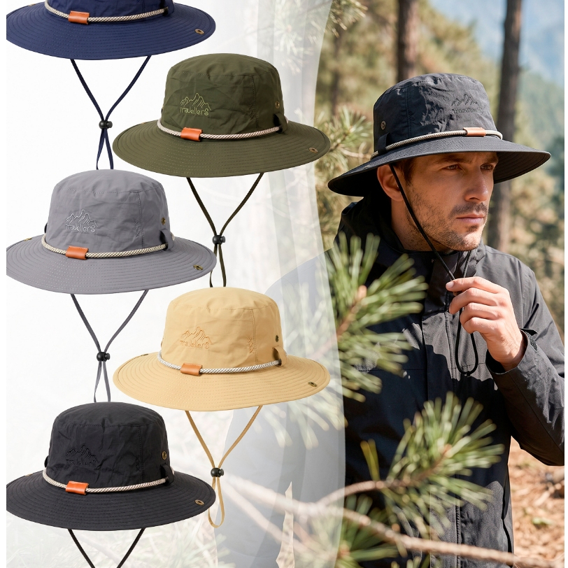 Chapéu Bucket De Sol Estilo Pescador Aba Larga Proteção UV e Cordão Regulagem Praia Trilha Unissex