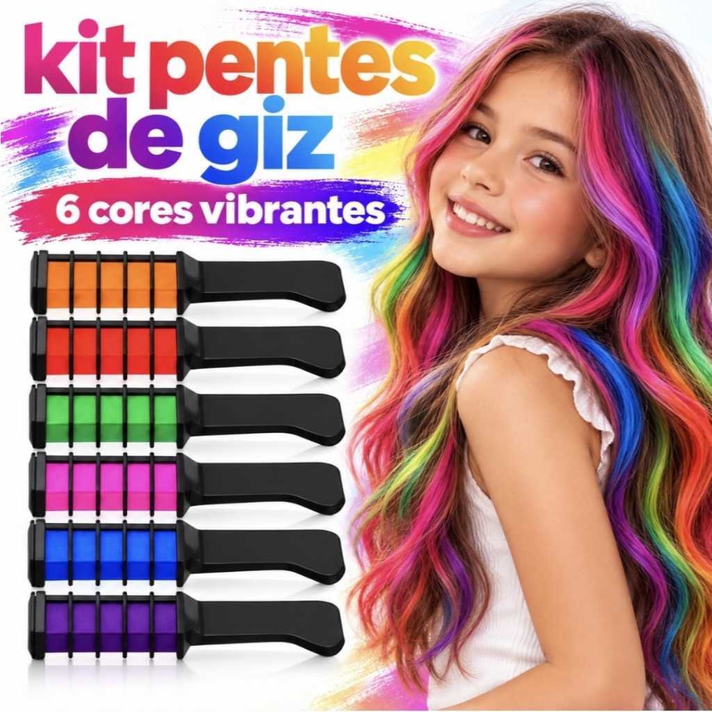 Kit Pente Giz de Cabelo Colorido - 6 Cores Temporárias Coloridas para Festa, Fantasia e Crianças