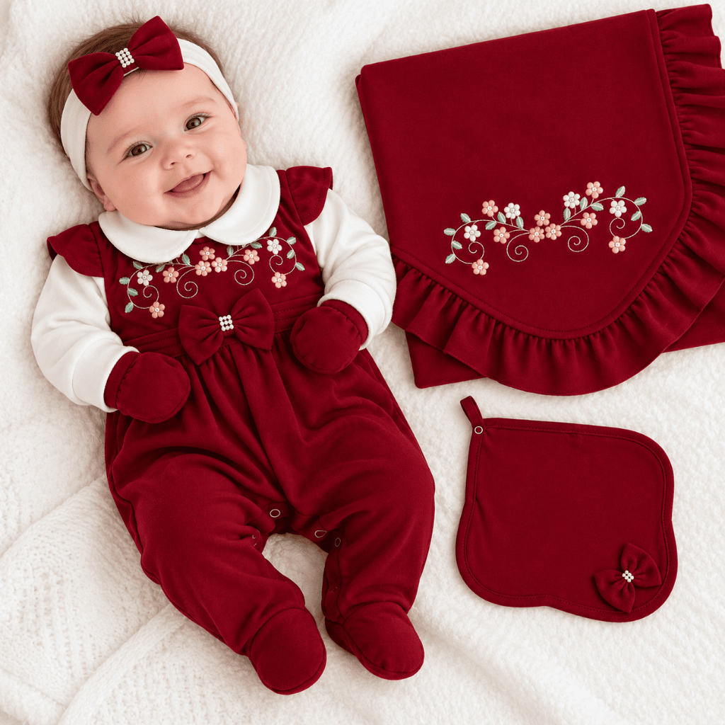 Kit Saída Maternidade Detalhe Flores Bordadas 5 Pçs Menina Jardim Infantil Conforto Bebê