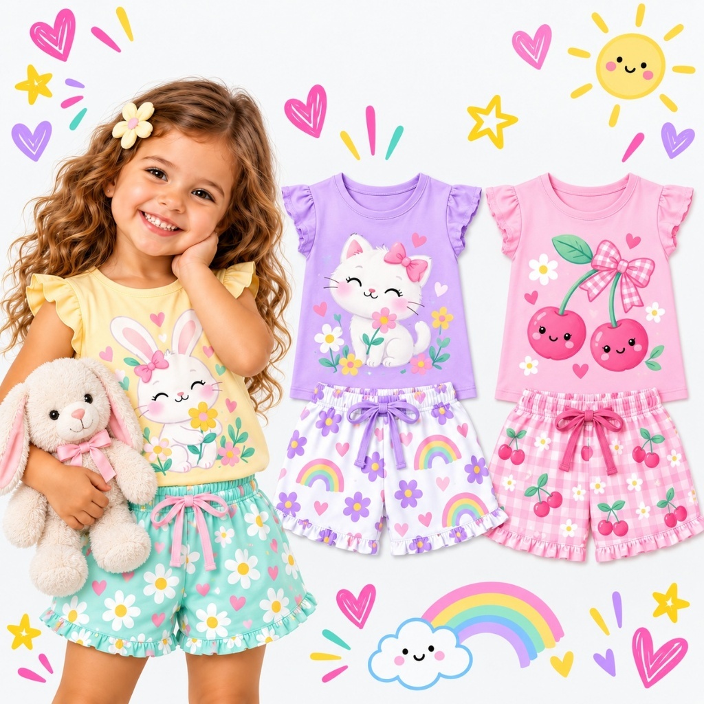 Kit Sortidos 2 ou 4 Peças de Roupas Infantil Menina Verão Conjuntos Feminino Bebê Verão Manga Curta e Shorts