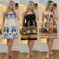Vestido Feminino Curto Estampado Com Alça De Regulagem e Elastex
