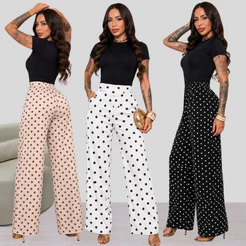 Calça Pantalona Feminino Estampa Poá Alfaiataria Com Bolso Elástico na Costa Estilosa Tendencia Verão Tamanho M G e GG