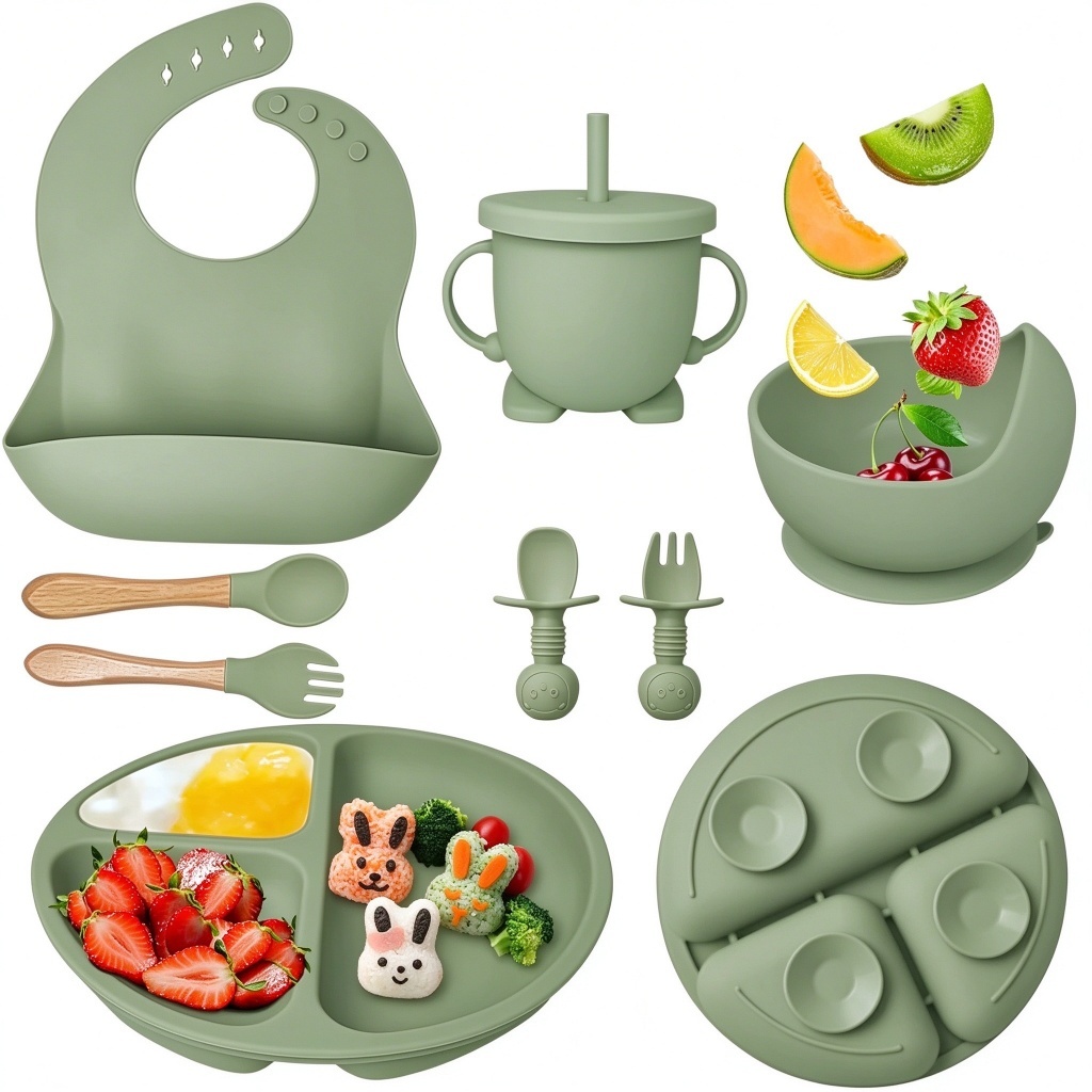 Kit 8pçs Talheres de Silicone p/ Bebê c/ Ventosa, Colher, Garfo, Canudo e Babador Infantil